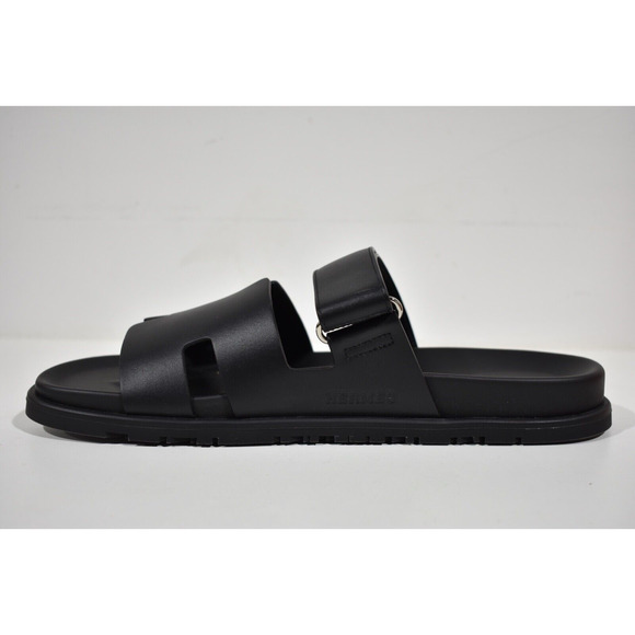 Hermes Chypre Sandal Mens Black Leather H Logo Strap Slide Slip On Flat 44 11 - Picture 8 of 12